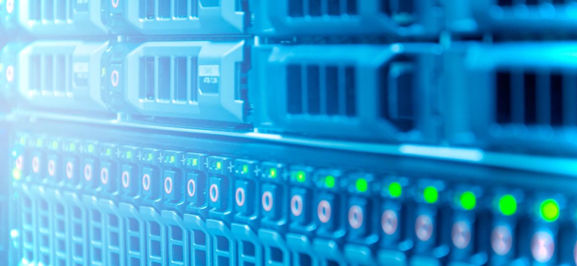 Hardware or array disk storage online in data center or server room with depth of field in blue tone , technology concept