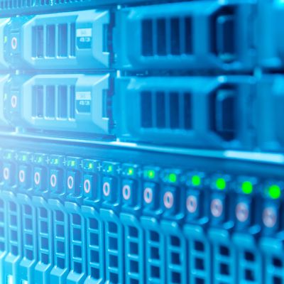 Hardware or array disk storage online in data center or server room with depth of field in blue tone , technology concept