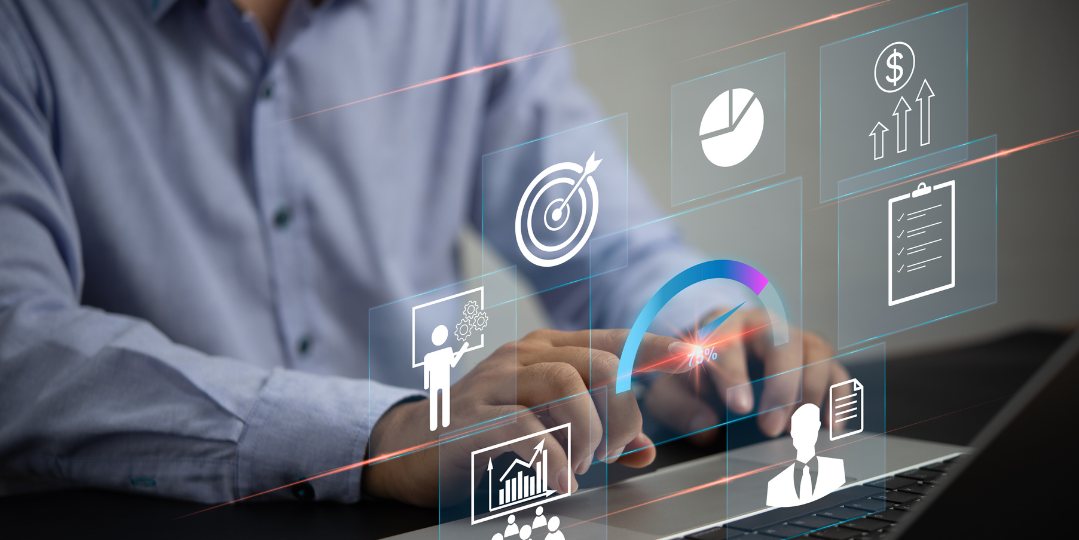 Business professional analyzing website metrics on a laptop with performance icons overlaid, representing WordPress performance optimization services.